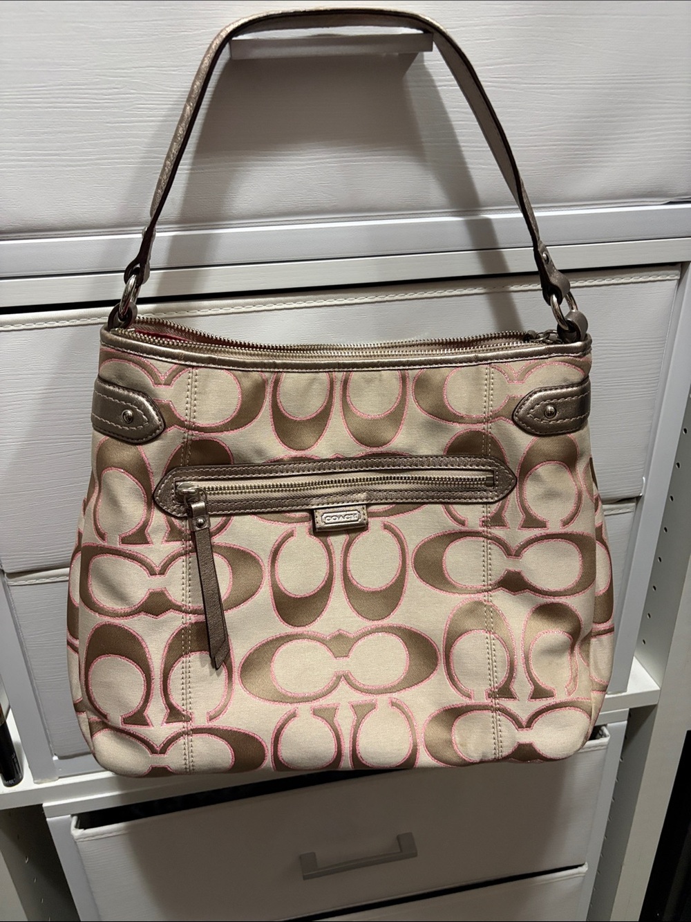 Coach Beige Signature Canvas Shoulder Bag with Pink Trim